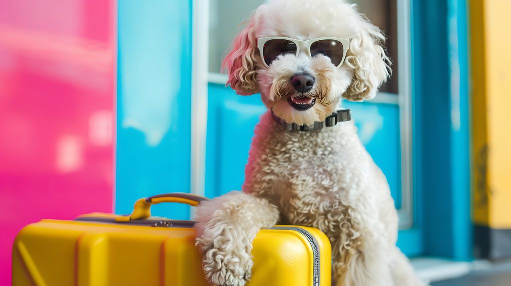 Persönlichkeit Glücklicher Pudel will Ziele erreichen mit Koffer und der Pudel-Strategie von Keynote Speaker und Farbpsychologe Karsten Homann. Den Koffer hat er schon dabei, die Sonnenbrille sitzt! Respekt Training